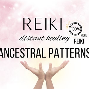 May include: Reiki distant healing for ancestral patterns. The image shows a pair of hands with palms facing upwards, against a pink and white background with a circle containing the text "100% More Reiki".