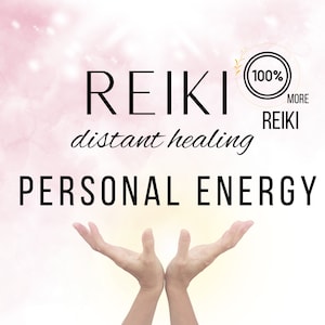 Può includere: Uno sfondo rosa e bianco con una grafica di due mani che si alzano. Il testo "REIKI distant healing PERSONAL ENERGY" è in nero. Un cerchio dorato con il testo "100% MORE REIKI" è nell'angolo in alto a destra.