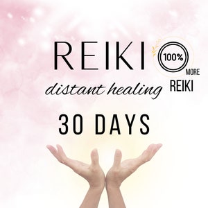 Può includere: Uno sfondo acquerellato rosa e bianco con il testo "REIKI 100% MORE REIKI distant healing 30 DAYS" e due mani che si alzano verso il cielo.