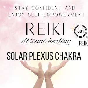 Puede incluir: Un fondo de acuarela rosa y blanco con el texto "STAY CONFIDENT AND ENJOY SELF-EMPOWERMENT REIKI distant healing SOLAR PLEXUS CHAKRA". Un círculo dorado con el texto "100% MORE REIKI" se encuentra en la esquina superior derecha. Dos manos levantadas con las palmas hacia arriba.