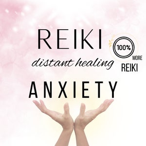 May include: Reiki distant healing for anxiety. The image shows a pair of hands with a pink and white background. The text "Reiki distant healing" and "Anxiety" is in black text. A circle with the text "100% More Reiki" is in the top right corner.