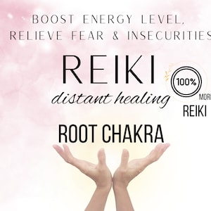 Könnte beinhalten: Ein rosa-weißer Aquarellhintergrund mit dem Text "BOOST ENERGY LEVEL, RELIEVE FEAR & INSECURITIES" und "REIKI distant healing ROOT CHAKRA". Zwei Hände sind mit den Handflächen nach oben erhoben. Ein Kreis mit dem Text "100% MORE REIKI" befindet sich in der oberen rechten Ecke.