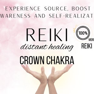 Może przedstawiać: Grafika z różowo-białym tłem akwarelowym. Na górze znajduje się tekst "EXPERIENCE SOURCE, BOOST AWARENESS AND SELF-REALIZATION". W środku obrazu znajduje się tekst "REIKI distant healing". Na dole obrazu znajduje się tekst "CROWN CHAKRA". W prawym górnym rogu obrazu znajduje się koło z tekstem "100% MORE REIKI". W środku obrazu znajdują się dwie uniesione ręce.