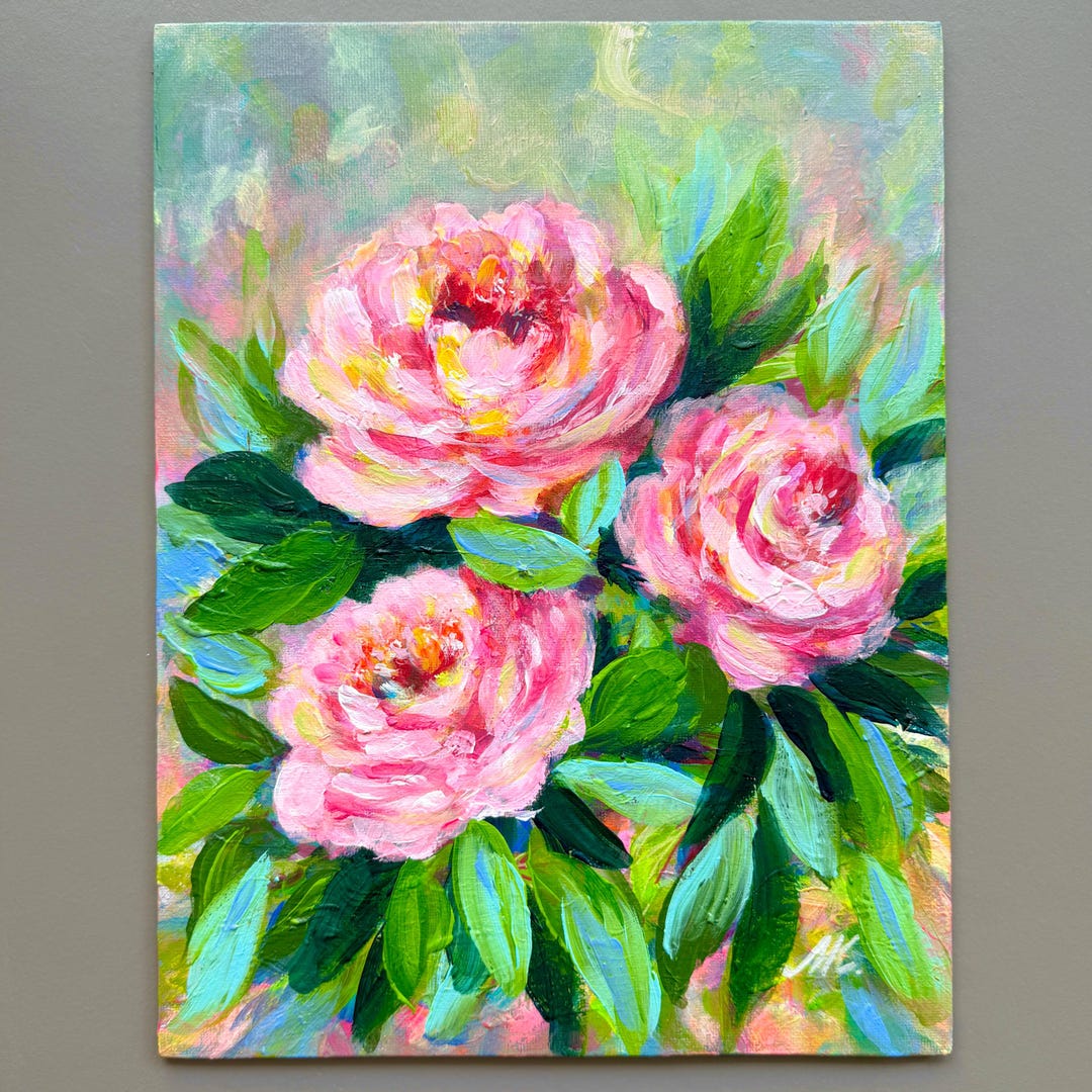 Original Acrylic Floral Painting on Canvas Board, Pink Flower Wall Art ...