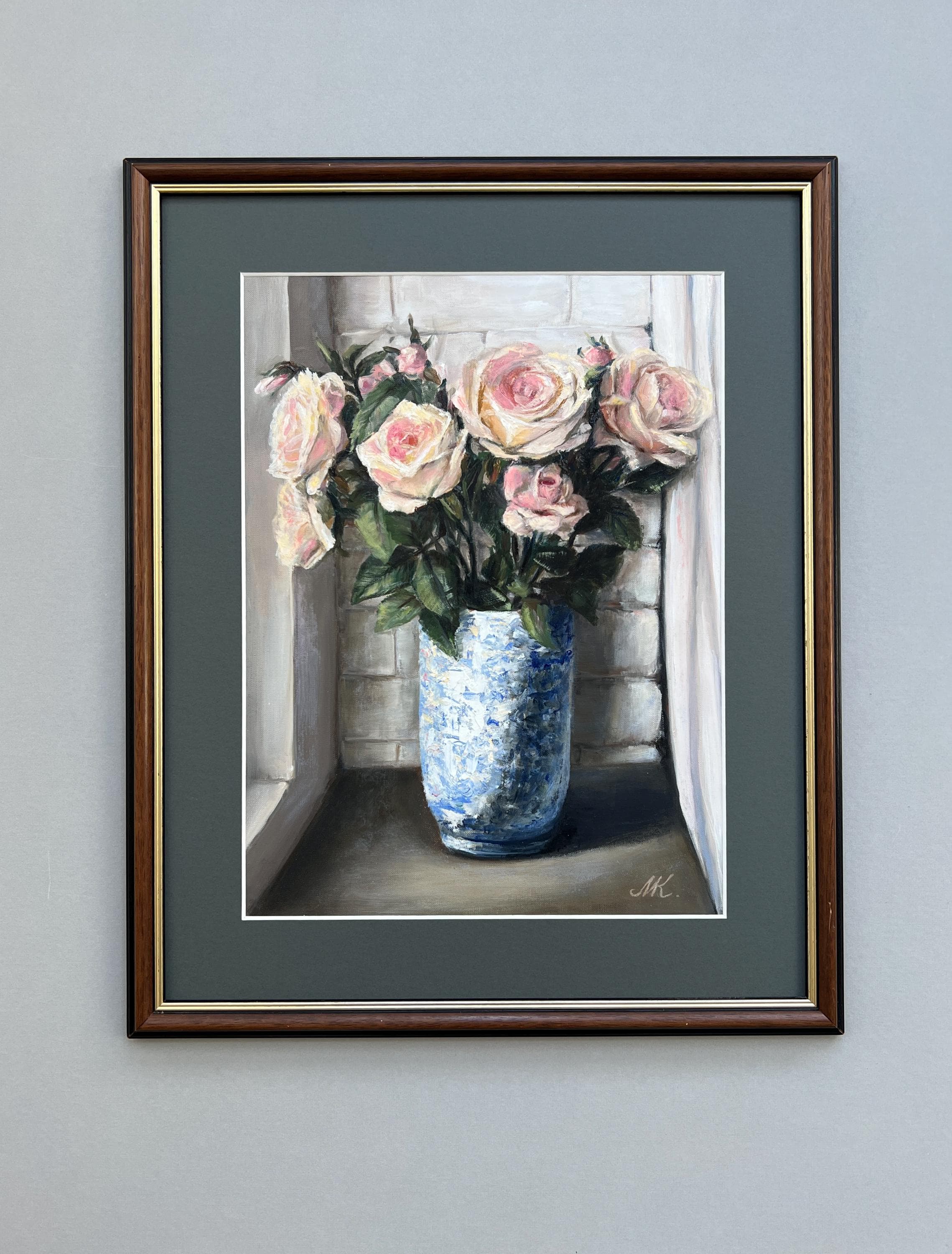 ピンクのバラの油絵：花の静物画、ヴィンテージスタイル、12x16インチ