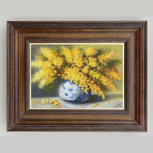 Flowers Original Oil Painting - Original Oil Painting of Yellow Mimosa in a Blue Vase – Floral Still Life – Textured Art on Canvas Paper