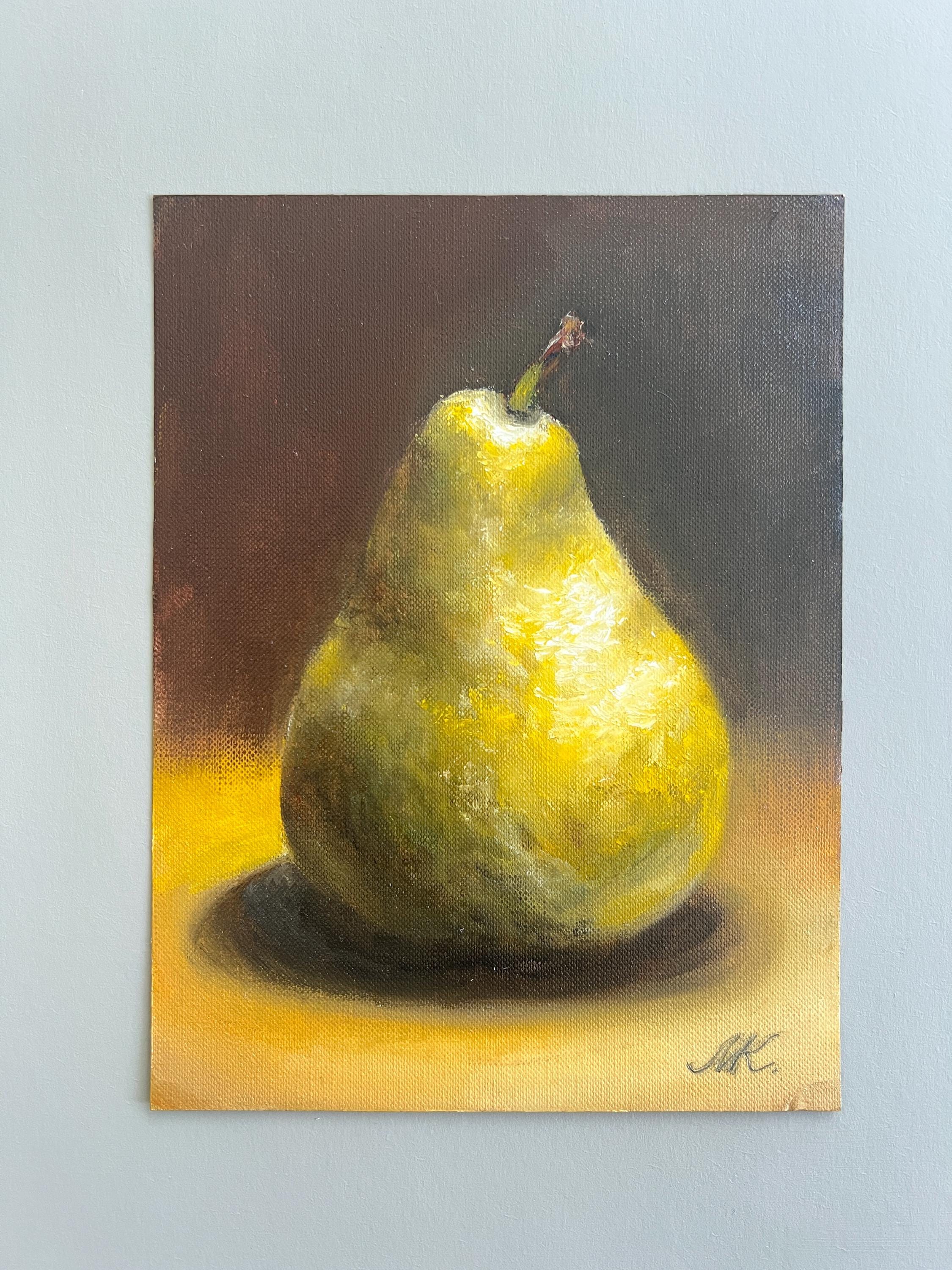 洋梨の油絵：オリジナル静物画、6x8インチ、ミニキッチンとダイニング