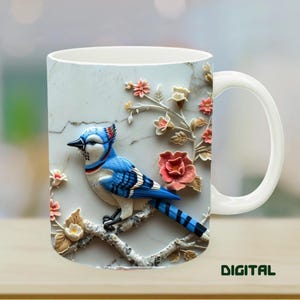 3D Bluejay Mug Design: Bird & Flower Engraved Template (Digital Download)