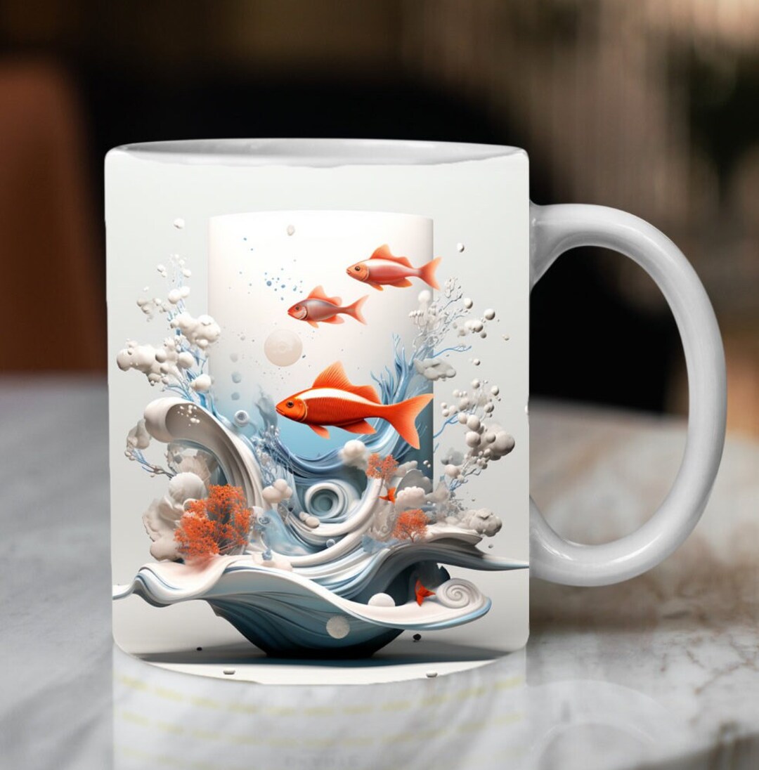 3D Mug Wrap, 3D Water Mug Sublimation, 3D Fish Mug Design, Surrealistic