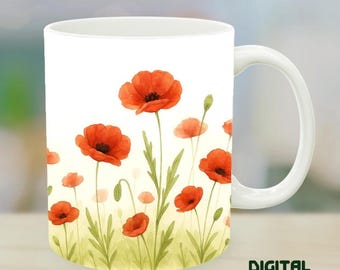 Wild Poppy Mug Wrap: Floral Sublimation Design (PNG Digital Download)