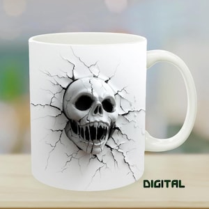 Sjabloon 3D Halloween-mok, moksublimatie, 3D-schedel, 3D-realistisch, griezelige ontwerpmok, schedelmok afdrukken, Halloween-mok, mokomslag digitaal, mok png