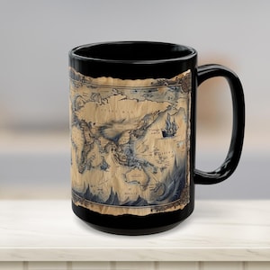 Mug noir carte au trésor médiévale, cadeau pour papa, cadeau pour homme, cadeau pour les amateurs de l'époque médiévale, cadeau pour père, cadeau unique pour papa, tasse à café, tasse à thé