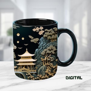 May include: Black ceramic mug featuring a detailed illustration of a traditional Asian landscape. The design includes a pagoda, bridge, trees, and mountains in shades of gold, green, and black. The word "DIGITAL" is printed in green on the mug.
