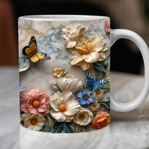 3D spring garden mug sublimation digital download 3d flowers mug wrap, 3d butterfly garden mug design, digital PNG teacup wrap, 15oz 11oz
