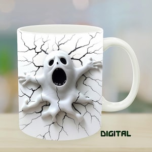 3D Halloween mug template, ghost popup 3D, mug sublimation, 3D ghost, 3D realistic Spooky design mug, ghost mug print Halloween mug wrap PNG