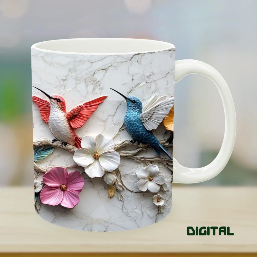 3D Hummingbird Garden Mug Design: Colorful Floral Print (digital ...