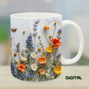 3D Carved Wildflower Mug Wrap - Seamless Floral Mug Sublimation PNG (11oz, 15oz)
