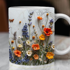 Tazza con motivo 3D con fiori di campo, stampa a sublimazione, stampa con lavanda, stampa su tazza, fiore primaverile intagliato in 3D, design unico per tazza, tazza regalo speciale, 11 oz, 15 oz