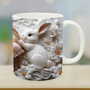 Whimsical Easter Bunny Basket Mug Wrap Digital PNG, 3D Easter Mug Design, Engraved Easter Bunny PNG Basket Art Sublimation Design 11oz, 15oz