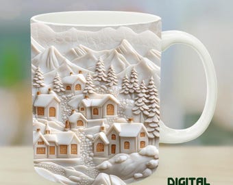 Gravierter Tassenbezug mit Bergdorfmotiv: 3D-Alpenszene (Digitaler DIY-Druck)