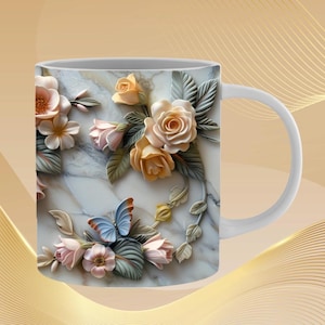 Butterfly Mug Design Marble Floral Wrap PNG  Sublimation Download Gift for Her Best Selling Nature Art Digital Mug Wrap 3D Butterfly Garden