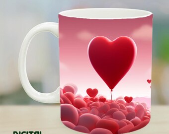 Valentine's Mug Sublimation Template: Pink Heart Design (Digital Print)