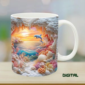 Ocean Dreamscape Mug Template: Dolphin Art, Underwater Scene (Digital Download)
