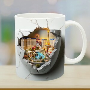 Las Vegas in teacup, mug sublimation, mug template Las Vegas, fun mug print, 3D mug wrap, Las Vegas city landscape 3D, digital, 15oz 11oz