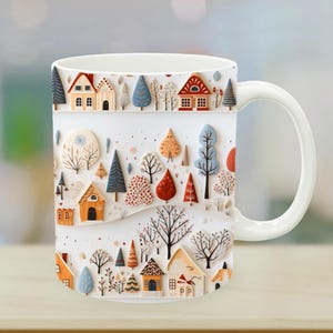 Mug Template, Rustic Village Landscape Mug Sublimation, Cozy Countryside Scene, Cottagecore Aesthetic, 3D Scandinavian Art, Country Life Mug