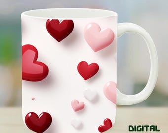Floating Hearts Mug Wrap - Valentinstag Sublimation PNG für 11oz und 15oz Tassen
