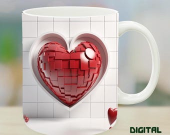 3D Love Heart Mug Design: Valentine's Day Sublimation Template (Digital Download)