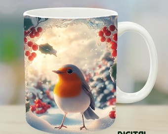 Rotkehlchen Tasse Motiv: Winter Vogel Wildlife Kunst (Digitaler Download, 11oz 15oz Tassen)
