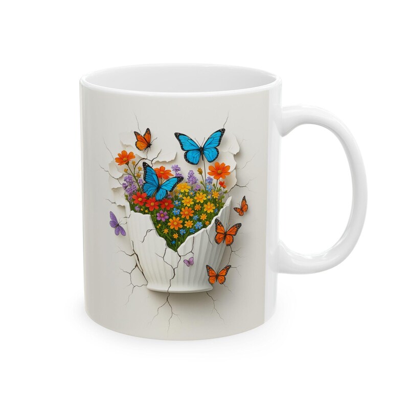 Teacup Wrap With Wildflowers Butterflies, Rustic Cracked Mug Design ...