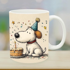 Happy Birthday Dog Mug Sublimation Design PNG Cute Cartoon Puppy with Cake Clipart Digital Download for Birthday Gift Mugs High Quality PNG
