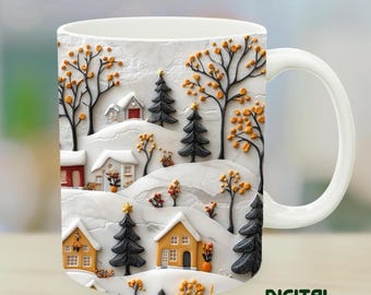 Schneedorf Tasse Sublimationsdesign: 3D Skandinavische Weihnachtskunst (Digitaldruck 11oz / 15oz)