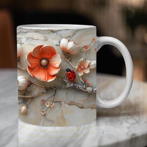 3D ladybug mug design, flower bug mug wrap, 3d mug sublimation, teacup wrap, 3d crafted mug sublime, special gift design, unique, 15oz,11oz