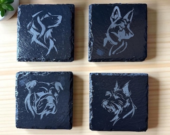 Posavasos de pizarra con diseño de perro. Grabados a láser. ¡Protección para la mesa! ¡Diseñados y fabricados a medida!
