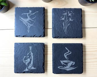 Posavasos de pizarra modernos y relajantes. Grabados a láser. ¡Protección para la mesa! ¡Diseño personalizado y elaborado a pedido!