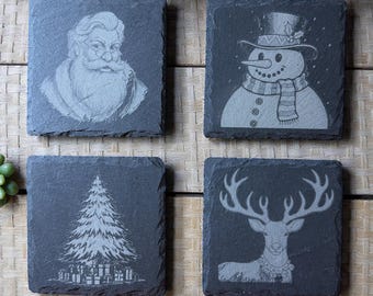 Posavasos de pizarra grabados con láser para Navidad y festividades.