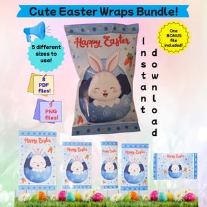 Puede incluir: Un paquete de envoltorios de Pascua con un diseño de conejito. Los envoltorios muestran un conejito sonriente en un huevo azul, con las palabras "Happy Easter". El paquete incluye 5 tamaños, 8 archivos PDF y 7 archivos PNG. El texto "Cute Easter Wraps Bundle!" está arriba.