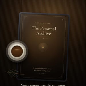 Könnte beinhalten: Ein dunkelbraunes digitales geführtes Journal mit dem Titel The Personal Archive und einem kreisförmigen Symbol in der Mitte. Der Text auf dem Cover lautet A GUIDED JOURNAL, The Personal Archive, For preserving the memories, lessons, and moments that shaped you, 25 PAGES.