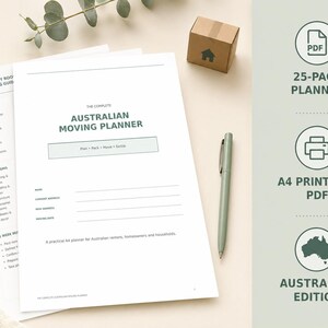 Op de afbeelding: Een 25-pagina tellende Australische verhuisplanner in A4 printbaar PDF-formaat. Het document bevat de titel The Complete Australian Moving Planner, secties voor naam, adressen, verhuisdatum en een kamer-voor-kamer inpakgids voor huishoudens.