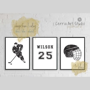 Hockey Personalized Wall Art, Hockey Set of 3, Choose from 3 Colors, Hockey Men Boys Teen Dorm Room Decor, Hockey Printable Digital Art