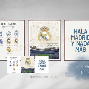 Cartel del Real Madrid Logo Insignia Historia Real Madrid Fútbol Regalo de fútbol Mapa del estadio Bernabéu Real Hala Madrid Nada Más Descarga digital