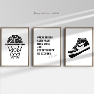 Poster di basket per ragazzi, uomini, NBA, stampabile, set di 3 citazioni ispiratrici sullo sport, decorazione per la stanza degli adolescenti, arte motivazionale in bianco e nero.