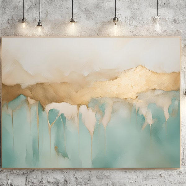 Golden Teal Turquoise Wall Art, Abstract Painting Printable Digital Download, Modern Boho Home Interior Office Minimalist Gold Foiled