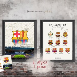 Distintivo del logo del poster del FC Barcelona Storia del calcio Regalo di calcio Camp Nou Opera d'arte Poster del Barcellona Mappa dello stadio di Barcellona Download digitale