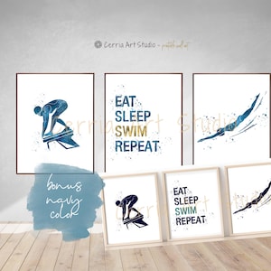 Juego de 3 carteles de natación, arte inspirador de nadadora, imprimible motivacional para adolescentes, decoración de dormitorio de nadadora deportiva, arte digital