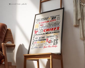Kansas City Chiefs Poster Football Gift | NFL Players Word Cloud Collage | Sport Dorm Room Printable WordArt | Minimal KC Chiefs Football