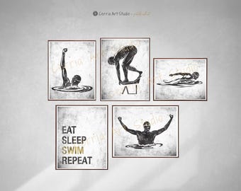 Swim Swimmer Poster for Boys Men Set of 5 Printable Inspirational Sport Quote Teen Dorm Room Decor Motivational Poster Digital Wall Art